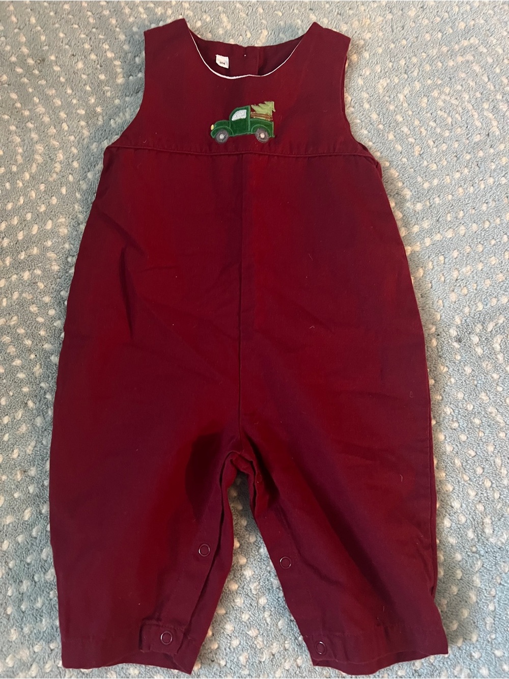 Children's Christmas 9 Months Burgundy Overalls with Green Truck Applique